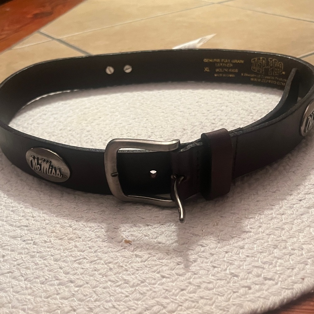 ZEP Pro Brown Leather Belt with  brushed silver tone Ole Miss. logo